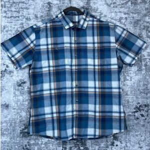 KÜHL Men Shirt XL Blue Orange Plaid Short Sleeve Button Up‎ Nylon Hiking Outdoor